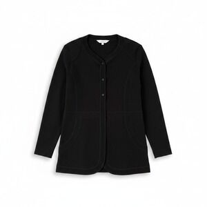 Misook Black Open Front Knit Cardigan Jacket Ribbed Trim Pockets Large